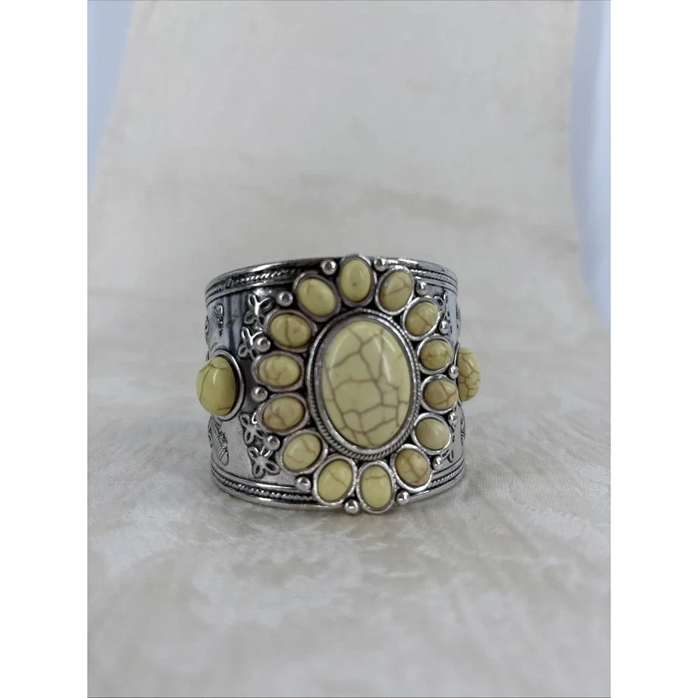 Howlite Flower Cuff Bracelet Western Boho Yellow